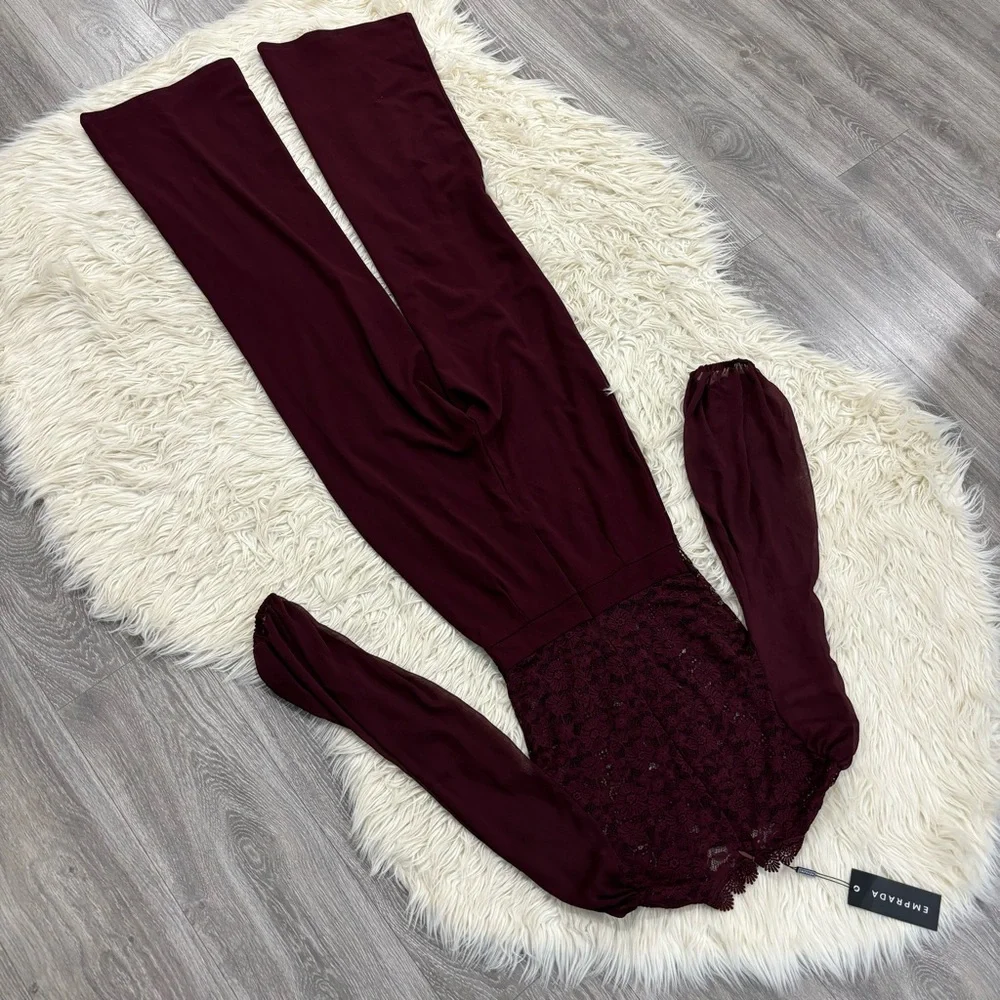 NWT EMPRADA Nerine crochet lace mesh jumpsuit in burgundy red - M - Picture 7 of 7